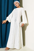 Stone Stripe Transitional Belted Evening Dress White