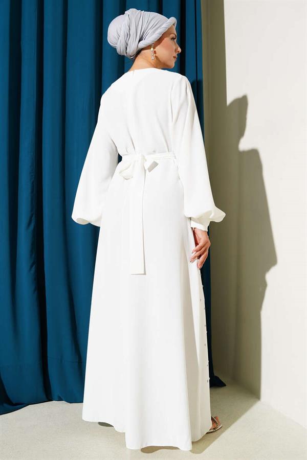 Stone Stripe Transitional Belted Evening Dress White