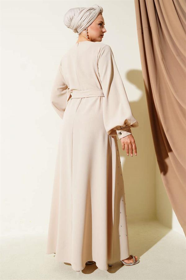 Stone Stripe Transitional Belted Evening Dress Beige