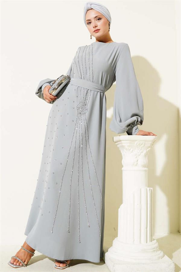 Stone Stripe Transitional Belted Evening Dress Gray