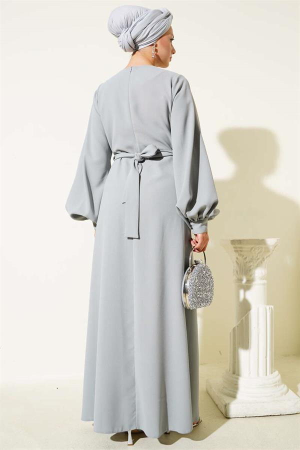 Stone Stripe Transitional Belted Evening Dress Gray