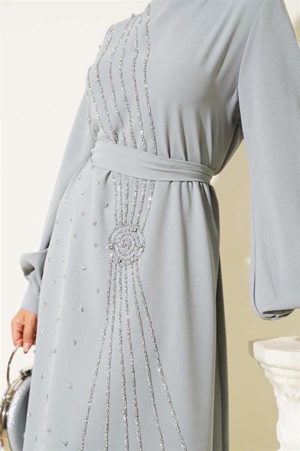 Stone Stripe Transitional Belted Evening Dress Gray