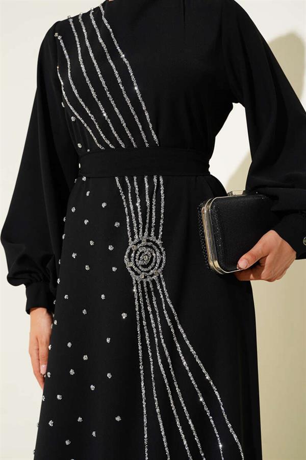 Stone Stripe Transitional Belted Evening Dress Black