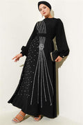 Stone Stripe Transitional Belted Evening Dress Black