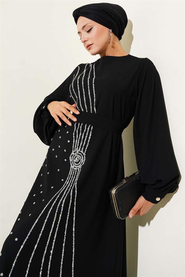 Stone Stripe Transitional Belted Evening Dress Black