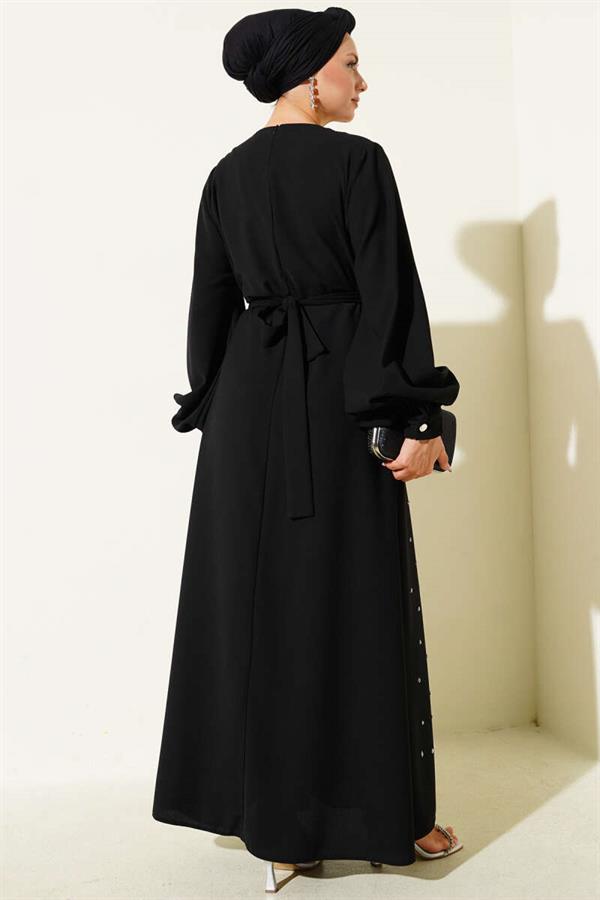 Stone Stripe Transitional Belted Evening Dress Black