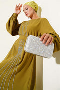Stone Stripe Belted Evening Dress Oil Green