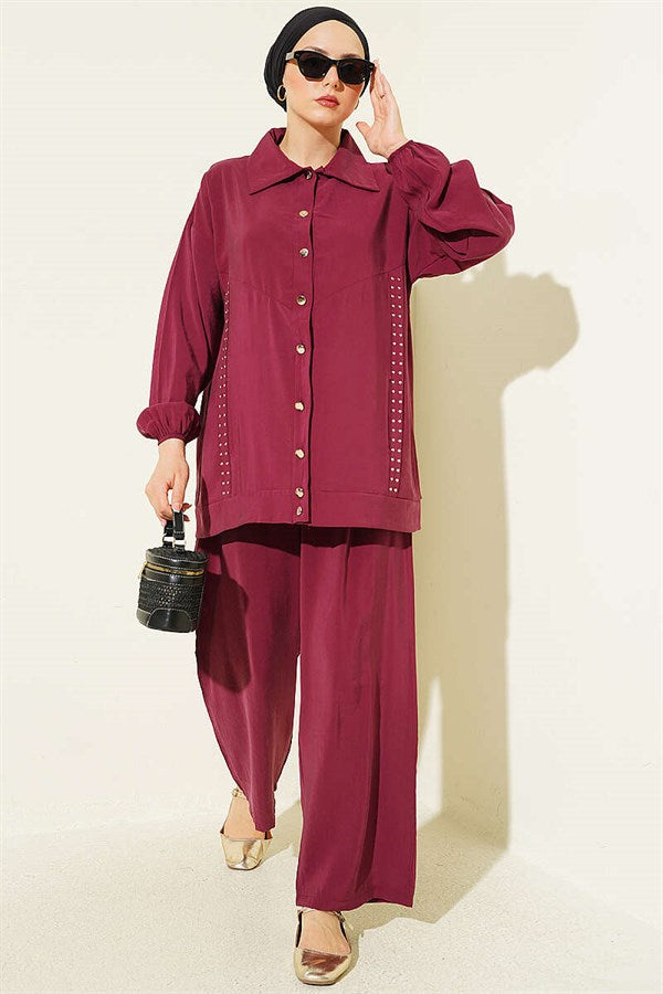 Stone-Trimmed Modal 2 Piece Set in Burgundy