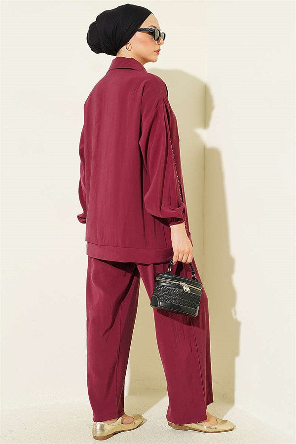 Stone-Trimmed Modal 2 Piece Set in Burgundy