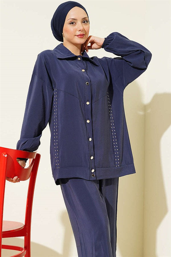 Stone-trimmed Modal 2 Piece Set, Navy Blue
