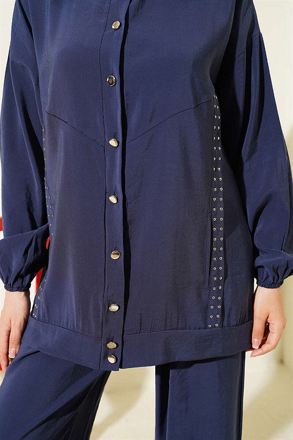 Stone-trimmed Modal 2 Piece Set, Navy Blue