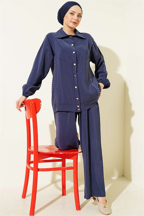 Stone-trimmed Modal 2 Piece Set, Navy Blue