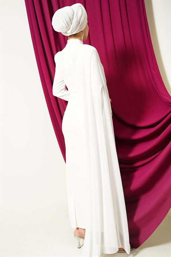 Ecru Evening Dress with Stone Trim and Tulle Cape