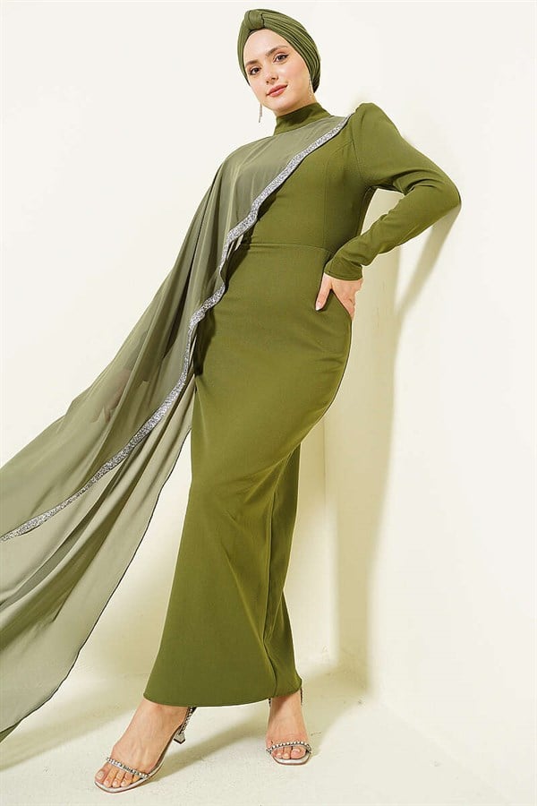 Khaki Evening Dress with Stone Trim and Tulle Cape