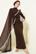 Stone Embellished Tulle Cape Evening Dress in Brown