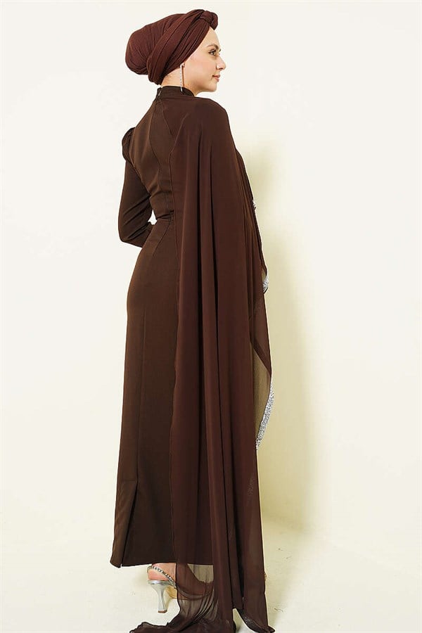 Stone Embellished Tulle Cape Evening Dress in Brown