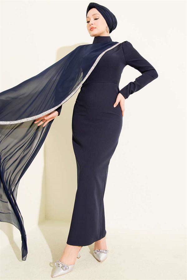Stone Striped Tulle Cape Evening Dress Navy Blue