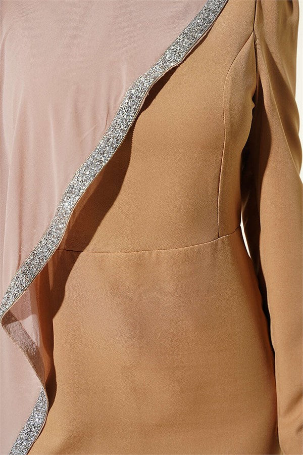 Latte Evening Dress with Stone Trim and Tulle Cape