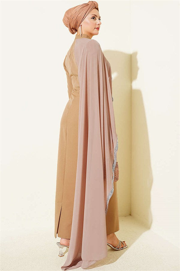 Latte Evening Dress with Stone Trim and Tulle Cape