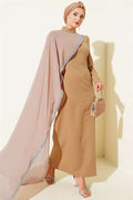 Latte Evening Dress with Stone Trim and Tulle Cape