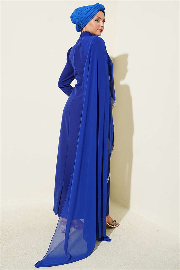 Stone Embellished Tulle Cape Evening Dress in Saks