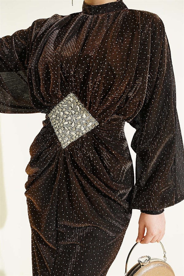 Stone Embellished Waist Stone Gathered Evening Dress in Brown