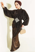 Stone Embellished Waist Stone Gathered Evening Dress in Brown