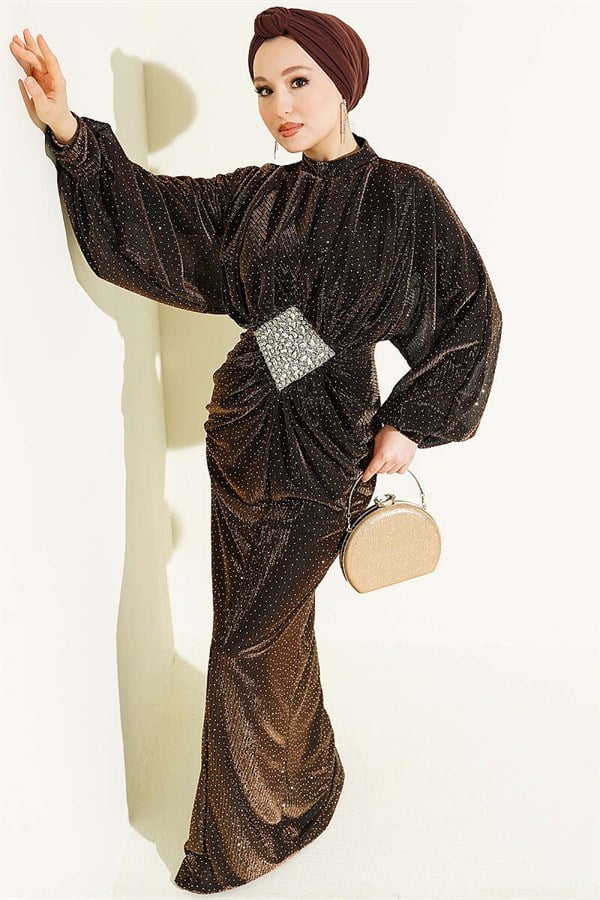 Stone Embellished Waist Stone Gathered Evening Dress in Brown