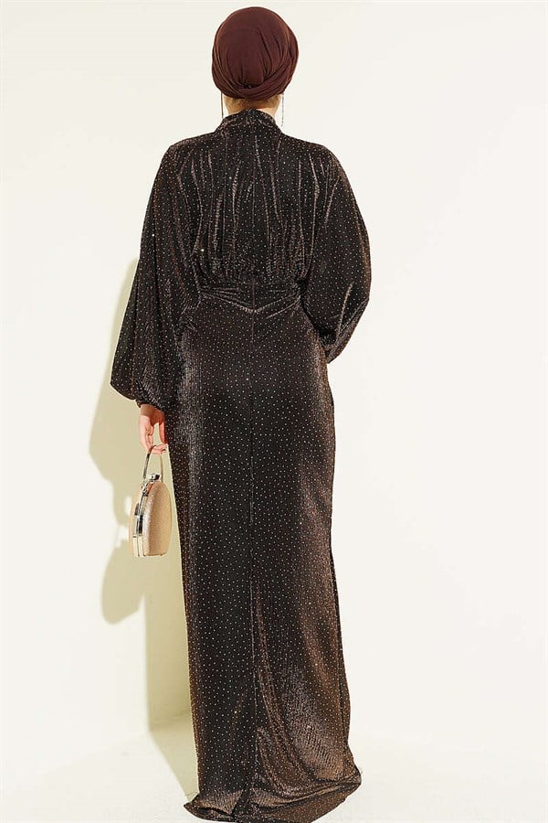 Stone Embellished Waist Stone Gathered Evening Dress in Brown