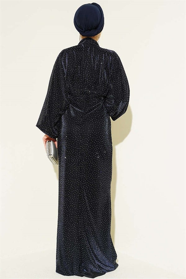 Navy Blue Evening Dress with Stone Embellishments and Stone Gathering at the Waist.