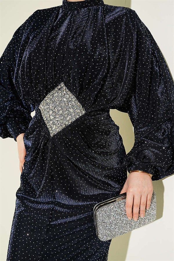 Navy Blue Evening Dress with Stone Embellishments and Stone Gathering at the Waist.