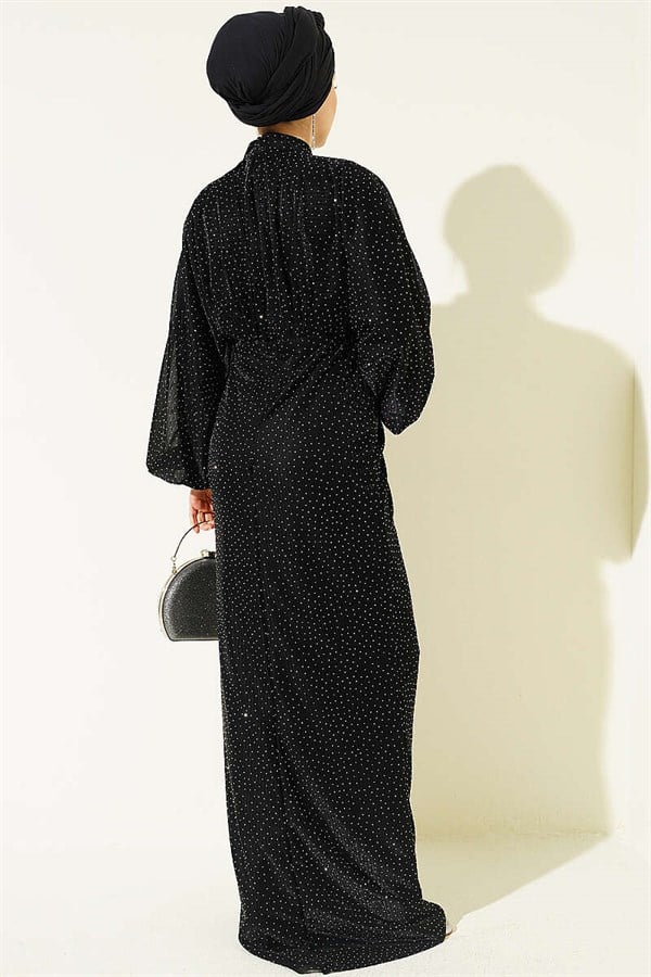 Stone Embellished Waist Stone Gathered Evening Dress Black