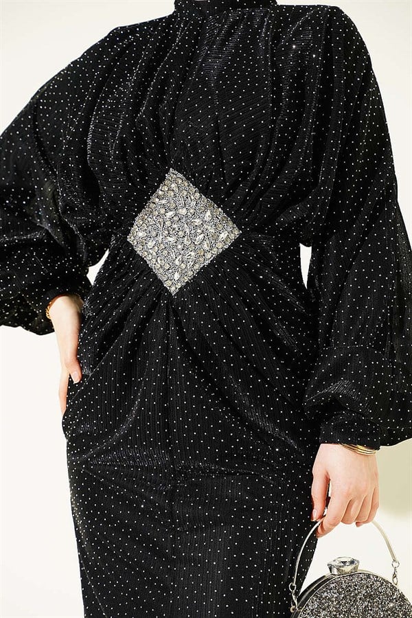 Stone Embellished Waist Stone Gathered Evening Dress Black