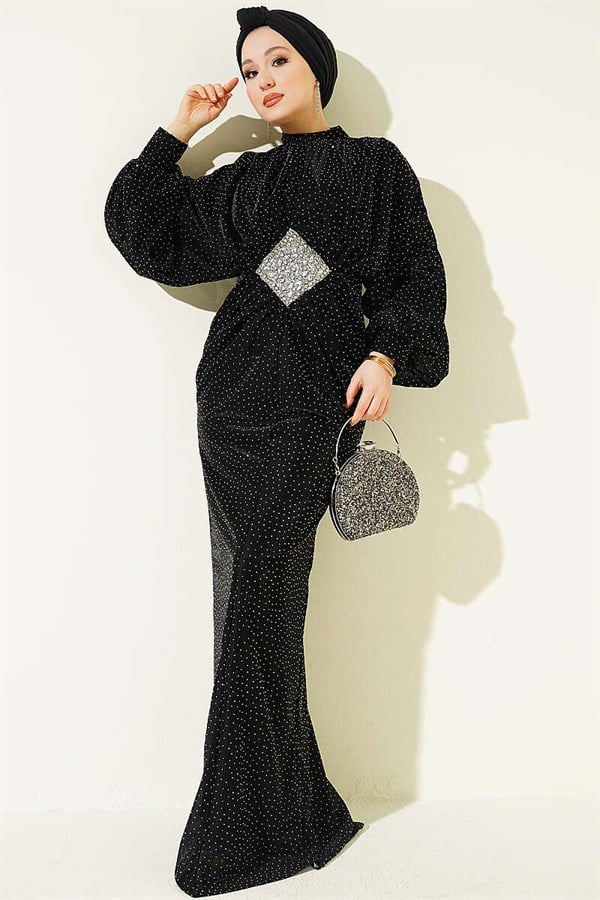 Stone Embellished Waist Stone Gathered Evening Dress Black