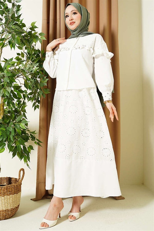 Stone Embellished Ruffled Embroidered Skirt 2 Piece Set, Ecru
