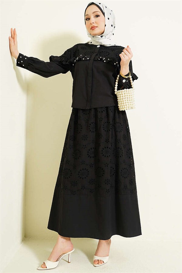 Stone Embellished Ruffled Embroidered Skirt 2 Piece Set, Black