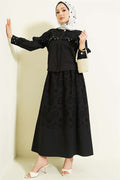 Stone Embellished Ruffled Embroidered Skirt 2 Piece Set, Black