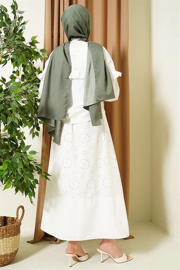 Stone Embellished Ruffled Embroidered Skirt 2 Piece Set, Ecru