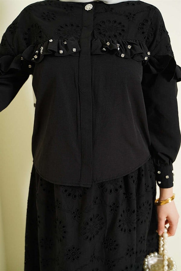 Stone Embellished Ruffled Embroidered Skirt 2 Piece Set, Black