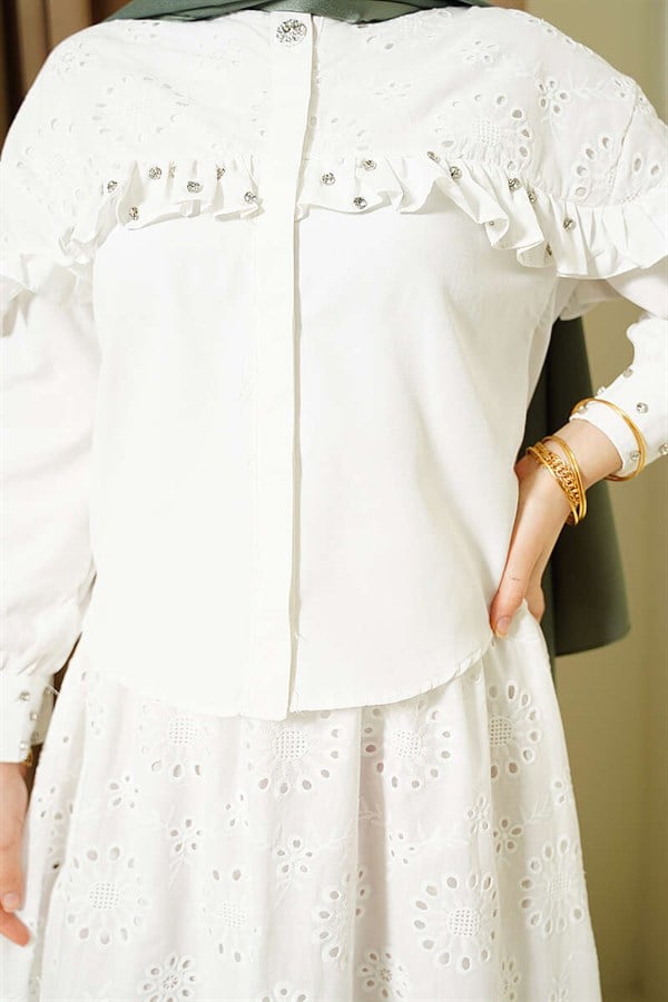 Stone Embellished Ruffled Embroidered Skirt 2 Piece Set, Ecru