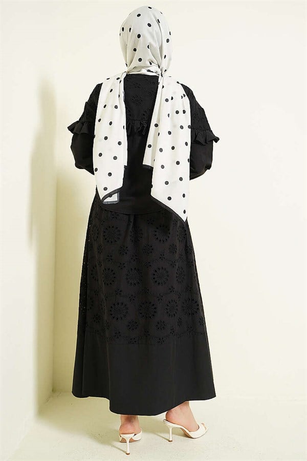 Stone Embellished Ruffled Embroidered Skirt 2 Piece Set, Black