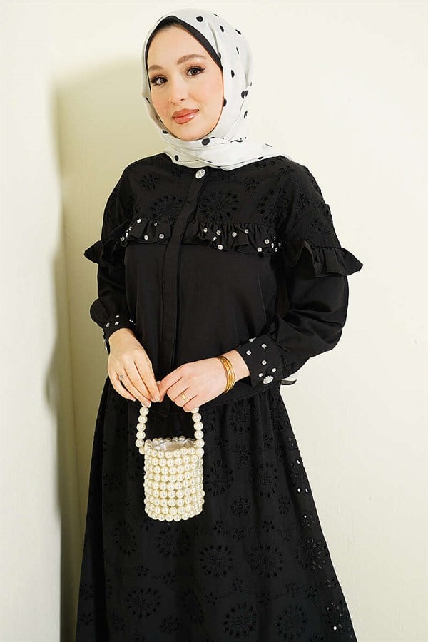Stone Embellished Ruffled Embroidered Skirt 2 Piece Set, Black