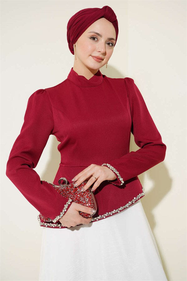 Stone Embellished Evening Dress in Burgundy