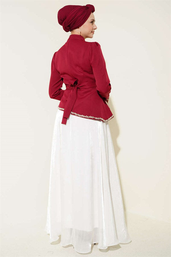 Stone Embellished Evening Dress in Burgundy
