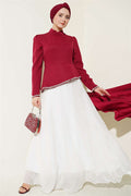 Stone Embellished Evening Dress in Burgundy