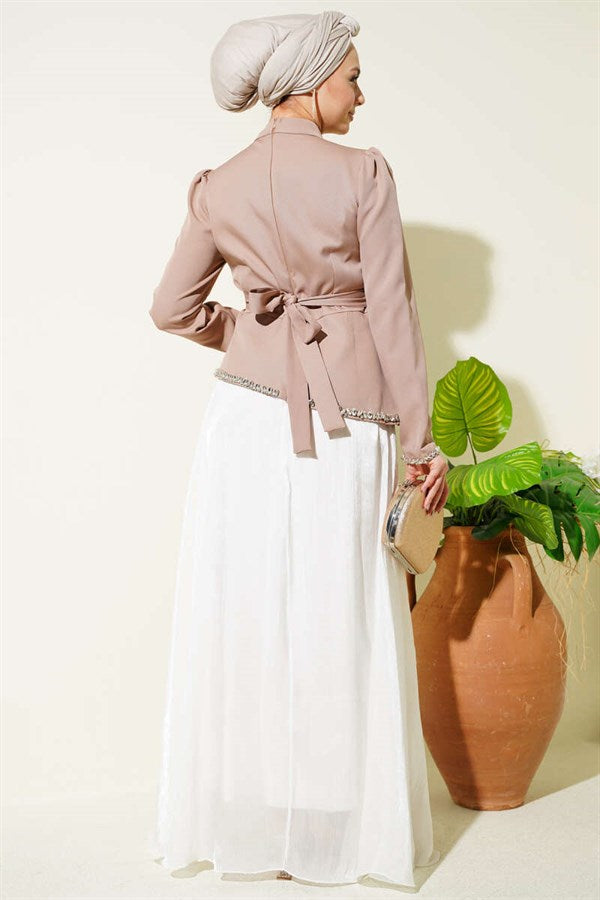 Stone Embellished Evening Dress in Mink Color