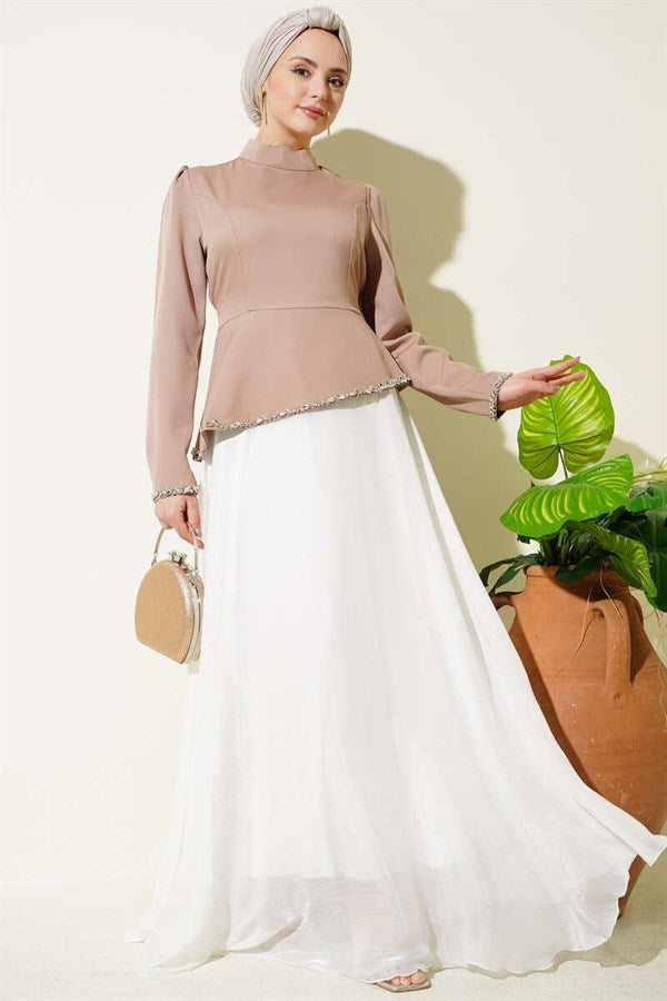 Stone Embellished Evening Dress in Mink Color