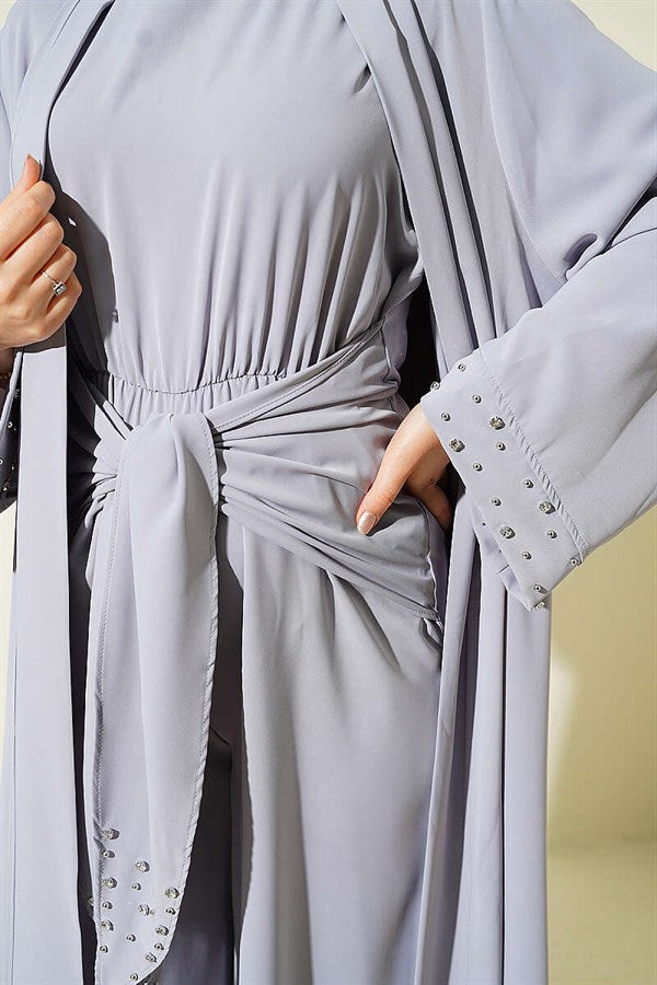Stone Embellished Two-Piece Abaya Grey