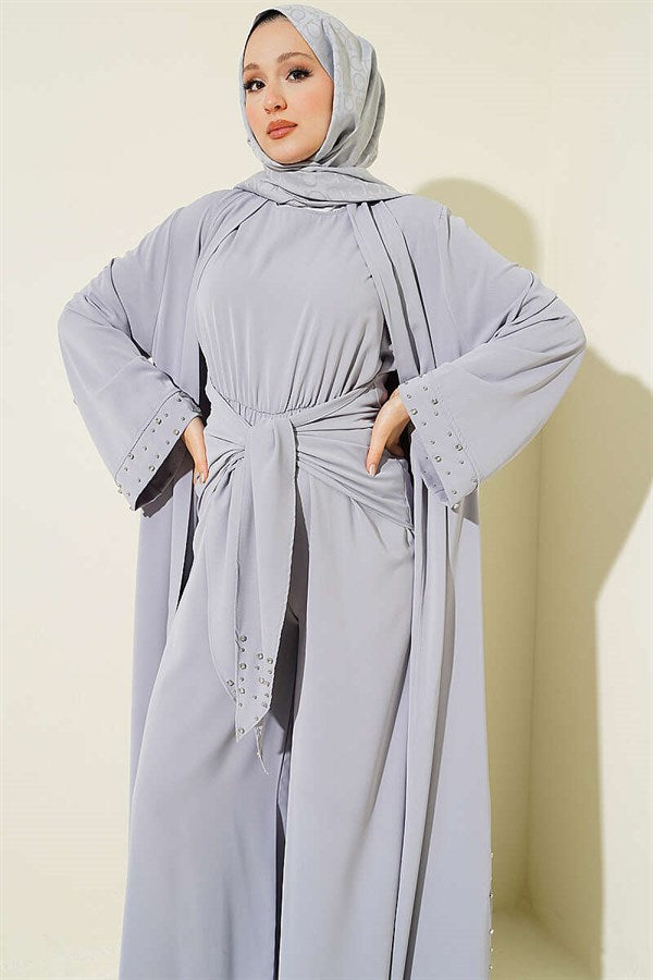 Stone Embellished Two-Piece Abaya Grey