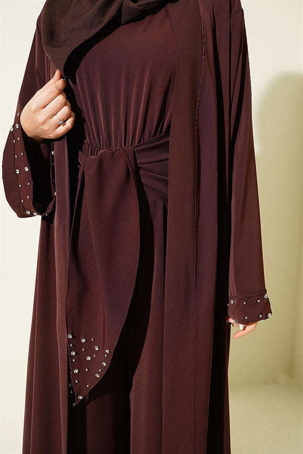 Stone Embellished Two-Piece Abaya in Brown